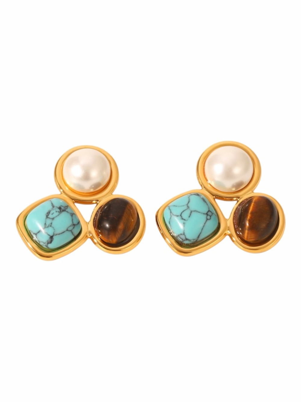Triple Stone Stud Earrings with Turquoise, Tiger's Eye & Pearl NWT Gold Plated